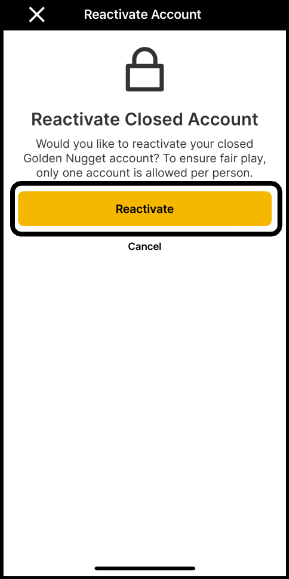 Image of the Golden Nugget Online Gaming reactivation screen in Golden Nugget Online Gaming app