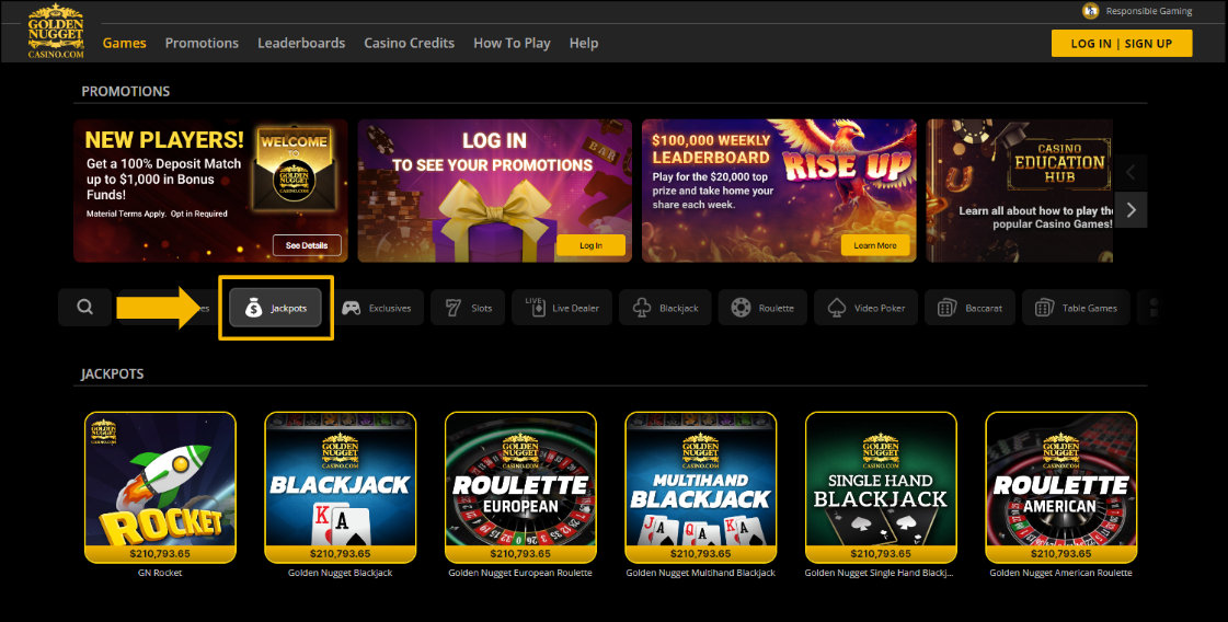  A visual example of the Jackpot section on the Golden Nugget Online Casino website