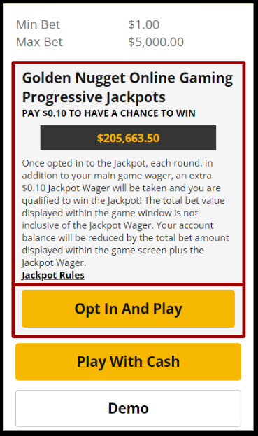 A visual example of selecting the 'i' icon on a game tile to see Golden Nugget Online Gaming Progressive Jackpot details