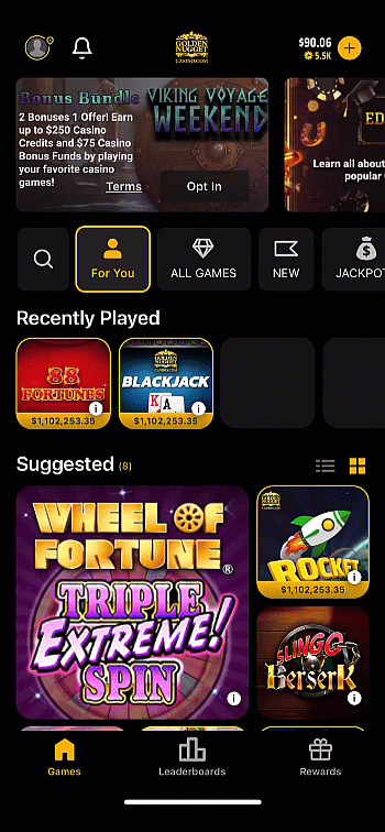 A visual walkthrough on how to find the Help Center on the Golden Nugget Online Gaming app