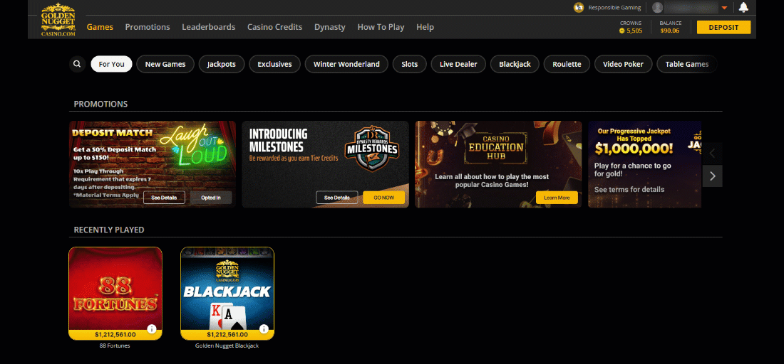 A visual walkthrough on how to view your Dynasty Rewards Tier Progress on the Golden Nugget Online Casino website