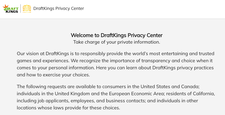 the Golden Nugget and DraftKings Privacy Center website landing page